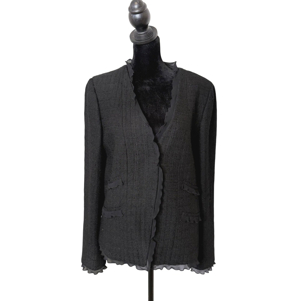 Black Tweed Woven Blazer Jacket Womens 12 Dana Buchman Chiffon Ruffle Trim